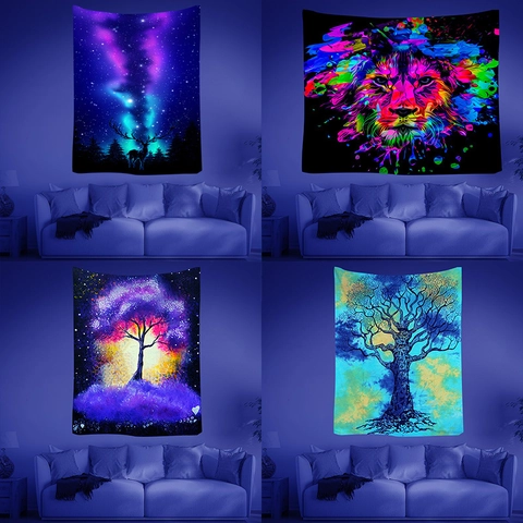 Arazzo Nordico Cielo Stellato Galassia Fluorescente Reattivo UV Appeso a Parete Fungo Pianta Leone Cervo Albero della Vita