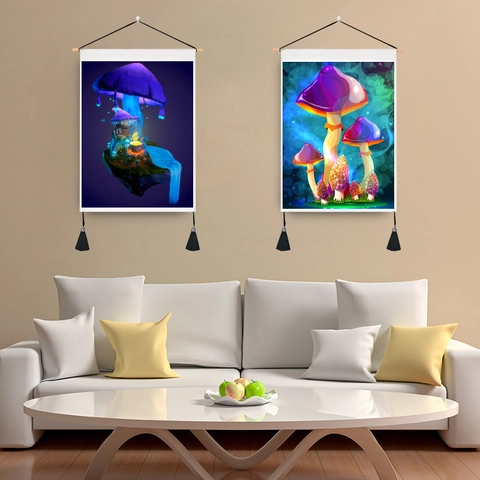Mushroom Tapestry Wall Hanging Polyester Cotton With Wooden Pole And Tassels Fantasy Psychedelic Dreamy Decor