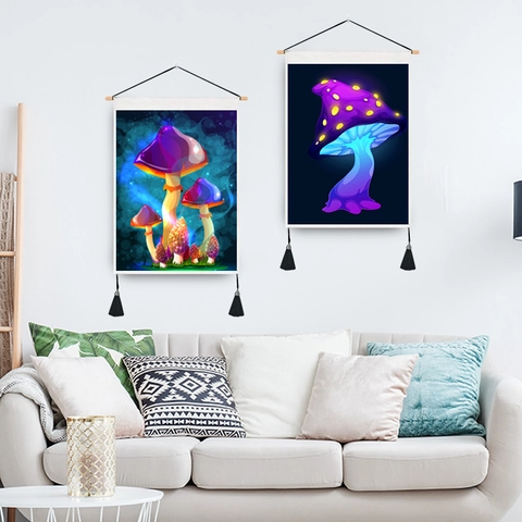 Mushroom Tapestry Wall Hanging Polyester Cotton With Wooden Pole And Tassels Fantasy Psychedelic Dreamy Decor