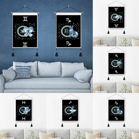 Zodiac Sign Wall Hanging Scroll Tapestry Polyester Cotton Fabric Wood Pole And Tassel Starry Sky Constellation Decor