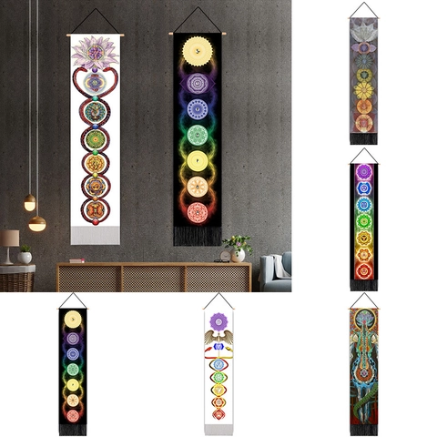 Vertical Hanging Tapestry Bohemian Chakra Mandala Wall Art Scroll Polyester Cotton Wood Rod Tassels Yoga Meditation Decor