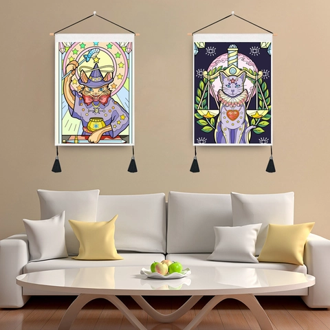 Anthropomorphic Cat Hanging Scroll Painting Cotton Polyester Tapestry With Wood Pole And Tassels Tarot Style Wall Decor