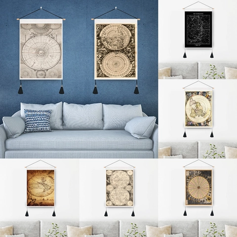 Vintage World Map Constellation Wall Hanging Tapestry With Wooden Rod And Tassels Polyester Cotton Retro Nautical Art