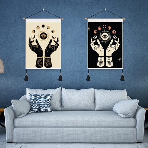 Mystic Tarot Wall Hanging Tapestry Polycotton Fabric Scroll With Wood Pole Tassels Sun Moon Phase Hand Floral Aesthetic Home Decor