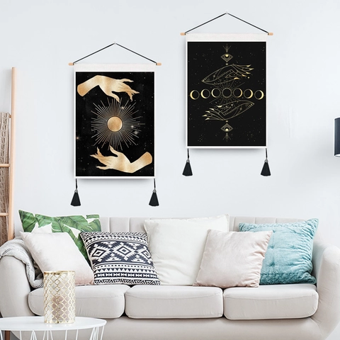 Mystic Tarot Wall Hanging Tapestry Polycotton Fabric Scroll With Wood Pole Tassels Sun Moon Phase Hand Floral Aesthetic Home Decor
