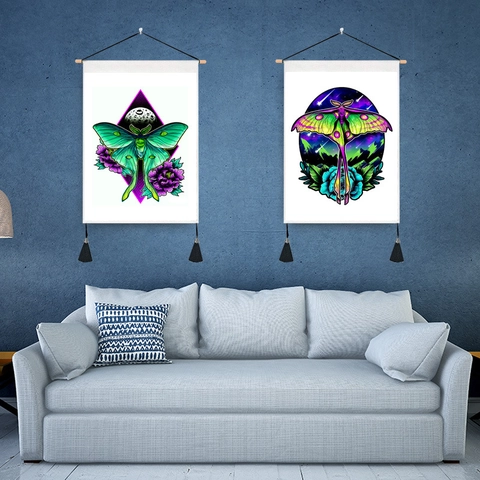 Vintage Botanical Butterfly Moth Wall Tapestry Scroll With Wood Pole And Tassels For Living Room Bedroom Wall Decor