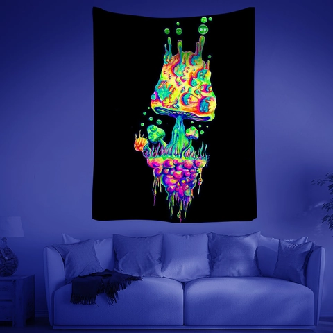 Arazzo Reattivo UV Fungo Psichedelico Teschio Fluorescente Poliestere Decorazione Da Parete Per Camera Festa Estetico