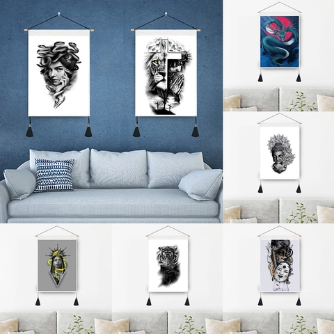 Japanese Traditional Tattoo Style Decorative Hanging Painting Polyester Cotton Canvas Wall Art With Wood Pole Black Tassels Medusa Buddha Dragon Art Prints For Living Room Home Decor