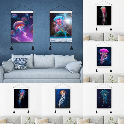 Jellyfish Wall Tapestry Hanging Painting With Wooden Pole And Tassels For Living Room Bedroom Artistic Home Decor