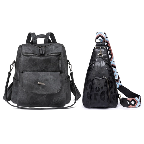 Women Retro PU Leather Backpack And Chest Bag Large Capacity Multi Pocket Bohemian Ethnic Style Wide Strap Fashion