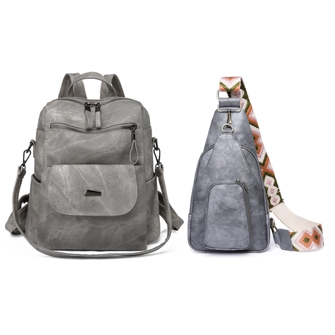 Women Retro PU Leather Backpack And Chest Bag Large Capacity Multi Pocket Bohemian Ethnic Style Wide Strap Fashion