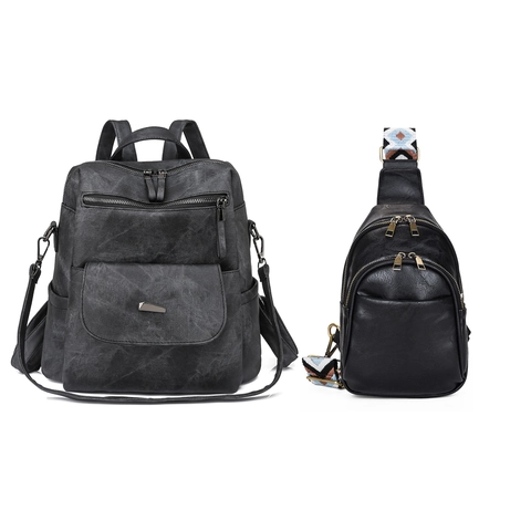 Backpack And Chest Bag Women Retro PU Leather Large Capacity Multi Pocket Casual Travel With Bohemian Woven Strap