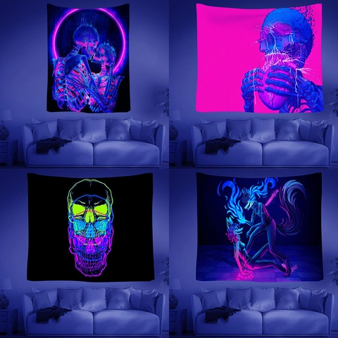 Tapiz Esqueleto Reactivo UV Fluorescente Gótico Cyberpunk Decoración Pared Para Dormitorio Sala De Estar Halloween Fiesta Arte Dragón Psicodélico