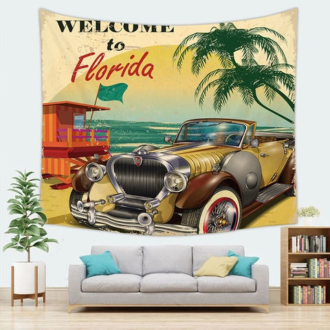 Arazzo Da Parete Poliestere Stile Retro Vintage Stampa Piante Tropicali Spiaggia Sfondo Decorativo Camera Estetica