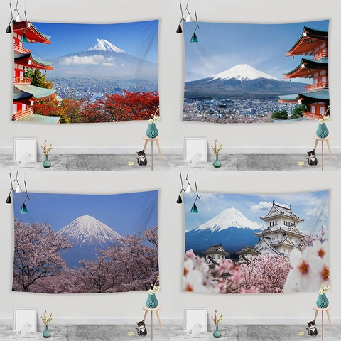 Japanese Mt Fuji Cherry Blossom Tapestry Wall Hanging Polyester Peach Skin Fabric Landscape Backdrop For Home Decoration