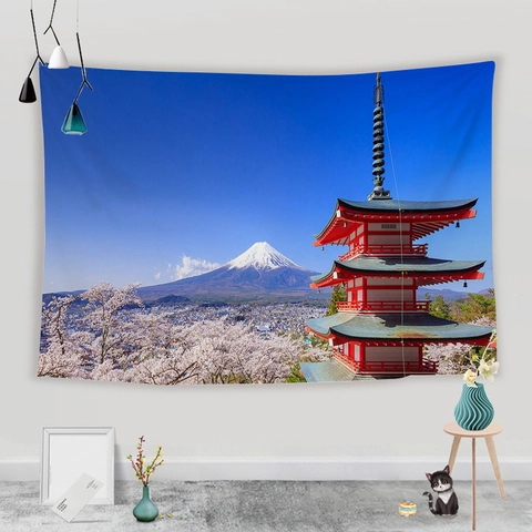 Japanese Mt Fuji Cherry Blossom Tapestry Wall Hanging Polyester Peach Skin Fabric Landscape Backdrop For Home Decoration
