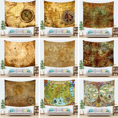 Vintage Nautical Map Tapestry Wall Hanging Polyester Peach Skin Velvet Aesthetic Home Decor Living Room Background Cloth
