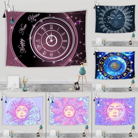 Mystical Sun And Moon Zodiac Tapestry Wall Hanging Bohemian Starry Sky Mystery Polyester Fabric For Bedroom Living Room Decor