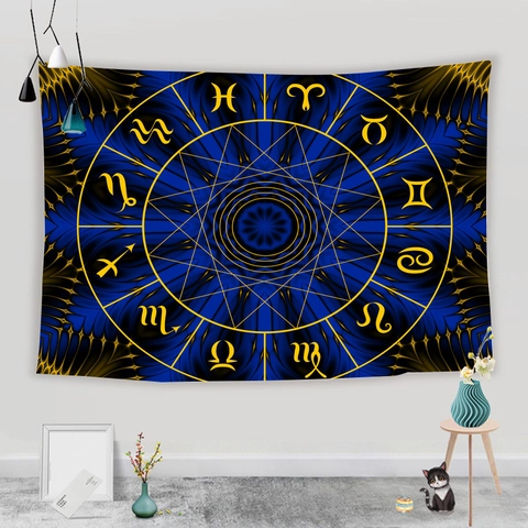 Mystical Sun And Moon Zodiac Tapestry Wall Hanging Bohemian Starry Sky Mystery Polyester Fabric For Bedroom Living Room Decor