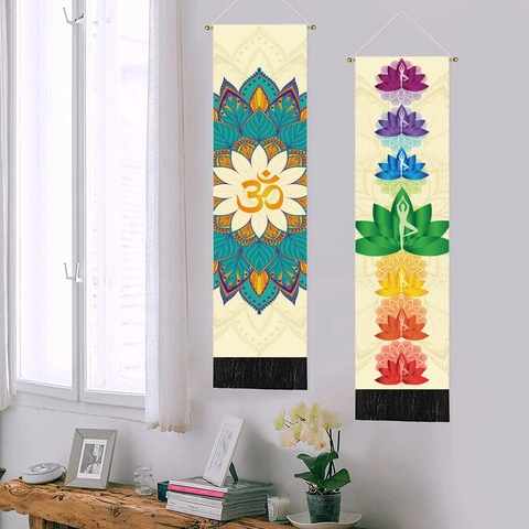 Arazzo Da Parete Verticale Chakra In Misto Cotone Lino Decorazione Murale Con Asta In Legno E Nappine Per Yoga E Meditazione
