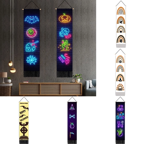 Arazzo Appeso A Parete Halloween Cotone Lino Con Asta In Legno E Nappa Neon Fantasma Zucca Pipistrello Decorazione Casa