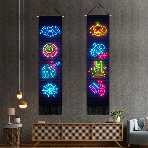 Arazzo Appeso A Parete Halloween Cotone Lino Con Asta In Legno E Nappa Neon Fantasma Zucca Pipistrello Decorazione Casa