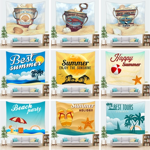 Summer Beach Tapestry Wall Hanging Polyester Peach Skin Fabric Landscape Digital Print Decor Cloth With Hooks For Home Room