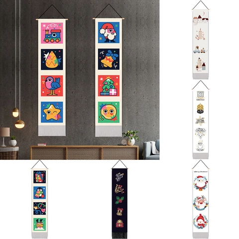 Vertical Christmas Wall Tapestry Scroll Banner Cotton Linen Fabric With Wooden Rod Tassel Merry Christmas Party Decor