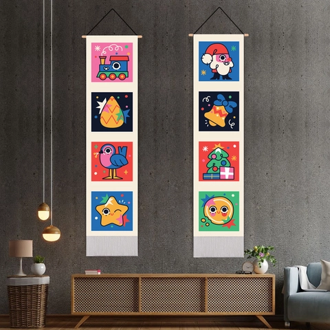 Vertical Christmas Wall Tapestry Scroll Banner Cotton Linen Fabric With Wooden Rod Tassel Merry Christmas Party Decor