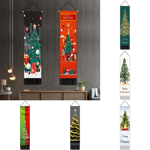 Arazzo da Parete Albero di Natale in Cotone Poliestere Banner Decorativo Con Nappina Schiaccianoci Scena Invernale Gioielli Casa