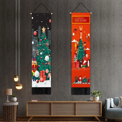 Arazzo da Parete Albero di Natale in Cotone Poliestere Banner Decorativo Con Nappina Schiaccianoci Scena Invernale Gioielli Casa