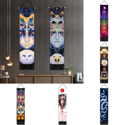 Verticale Lange Wandtapijt Mystieke Totem Slang Uil Bedrukt Katoen Linnen Stof Met Houten Roede Kwastje Decoratie
