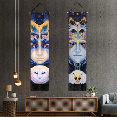 Vertikaler Langer Wandteppich Mystisches Totem Schlange Eule Druck Baumwolle Leinen Stoff Mit Holzstange Quaste Dekor