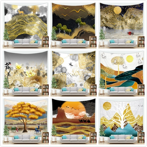 Landscape Wall Hanging Tapestry Polyester Peach Skin Mountain Sunset Nordic Style Home Decor For Living Room Bedroom