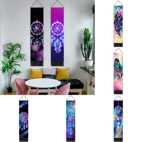 Dreamcatcher Starry Sky Wall Hanging Tapestry Bohemian Polyester Cotton Fabric With Tassel And Wooden Pole Decor