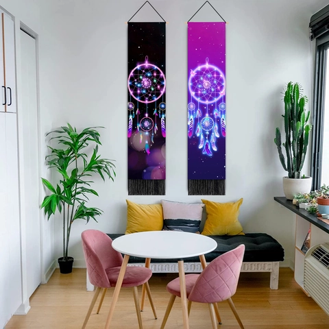 Dreamcatcher Starry Sky Wall Hanging Tapestry Bohemian Polyester Cotton Fabric With Tassel And Wooden Pole Decor