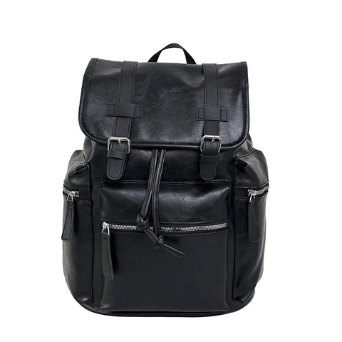 Vintage PU Leather Backpack Large Capacity Multi Pocket Drawstring Flap School Travel Bag Men Unisex Casual British Style