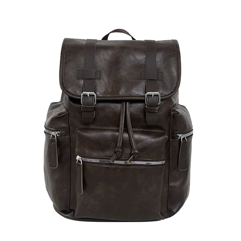 Vintage PU Leather Backpack Large Capacity Multi Pocket Drawstring Flap School Travel Bag Men Unisex Casual British Style