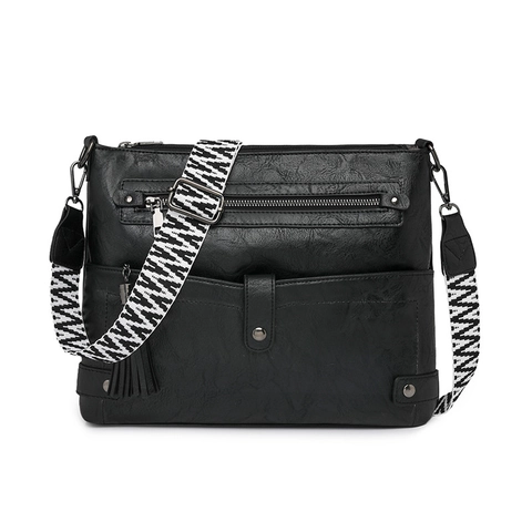 Retro PU Leather Crossbody Bag For Women Multi Pocket Shoulder Purse With Woven Wide Strap And Tassel