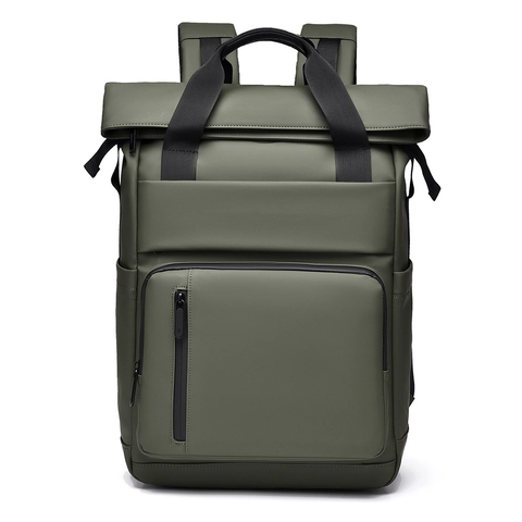 Roll-Top Business Laptop Backpack Waterproof Nylon PU Leather Large Capacity Travel Work Commute Bag For Men