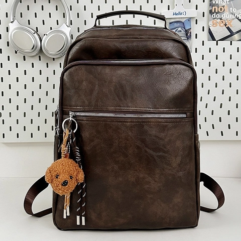 Sac À Dos En Cuir PU Vintage Grande Capacité Sac Ordinateur Affaires Multi Poches Rétro Voyage Travail Avec Pendentif Ours