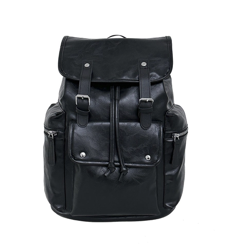 Vintage PU Leather Backpack For Men Women Retro School Bag Large Capacity Drawstring Flap Casual Travel Daypack Commuting