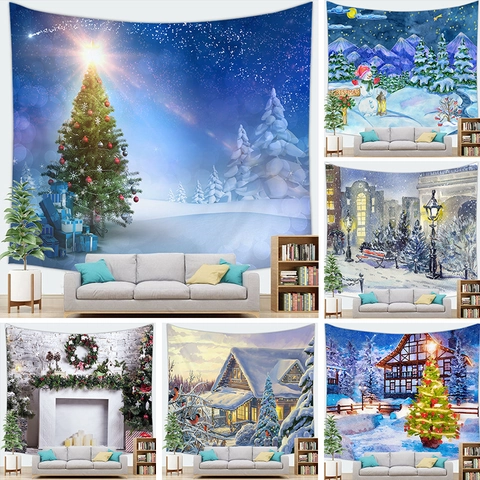 Kerst Wandtapijt Polyester Feestelijke Winter Scene Wanddecoratie 3D Geprint Vakantie Woonkamer Home Decor