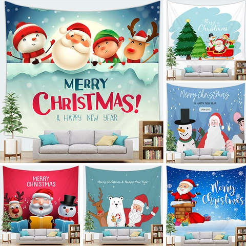 Tapiz De Navidad Poliéster Dibujos Animados Papá Noel Muñeco De Nieve Impresión Decoración De Pared Fondo De Fiesta