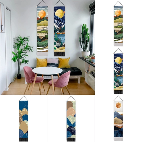 Vertical Wall Hanging Tapestry Polyester Fabric With Wooden Rod And Tassels Landscape Pattern Nordic Style Home Decor
