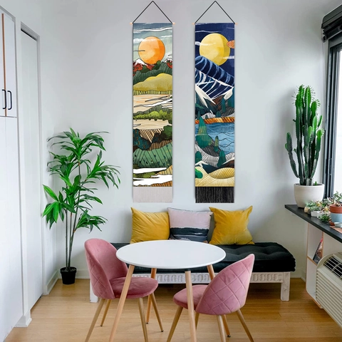 Vertical Wall Hanging Tapestry Polyester Fabric With Wooden Rod And Tassels Landscape Pattern Nordic Style Home Decor