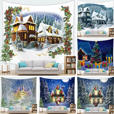 Christmas Wall Tapestry Peach Skin Polyester Santa Claus Reindeer Snow Scene Wall Hanging Blanket With Hanging Kit For Home Decor