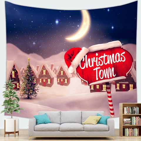 Christmas Wall Tapestry Peach Skin Polyester Santa Claus Reindeer Snow Scene Wall Hanging Blanket With Hanging Kit For Home Decor