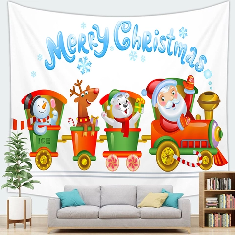 Tapiz De Navidad Poliéster Dibujos Animados Papá Noel Muñeco De Nieve Impresión Decoración De Pared Fondo De Fiesta