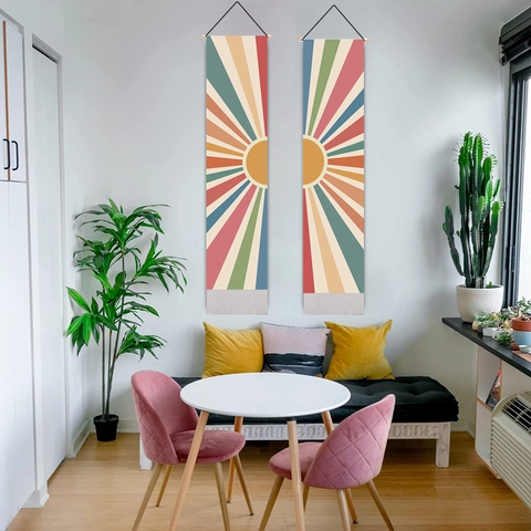 Tapisserie Murale Verticale Abstraite Vintage Soleil Bohème Couleurs Morandi Polyester Coton Tige En Bois Et Gland Décor